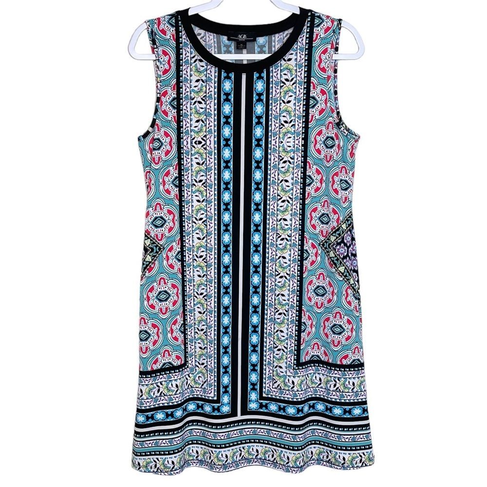 AGB Tank Dress Colorful Mixed Print Sleeveless Sleeveless Stretch Pockets Size M